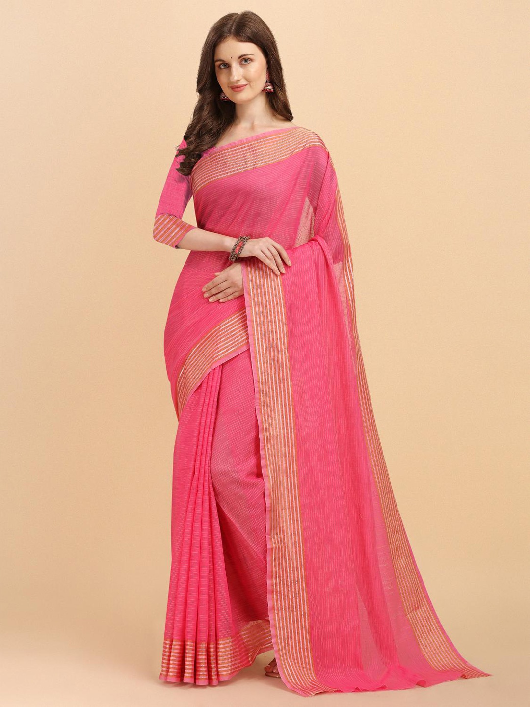 

LIMDO Striped Pure Silk Banarasi Saree, Pink