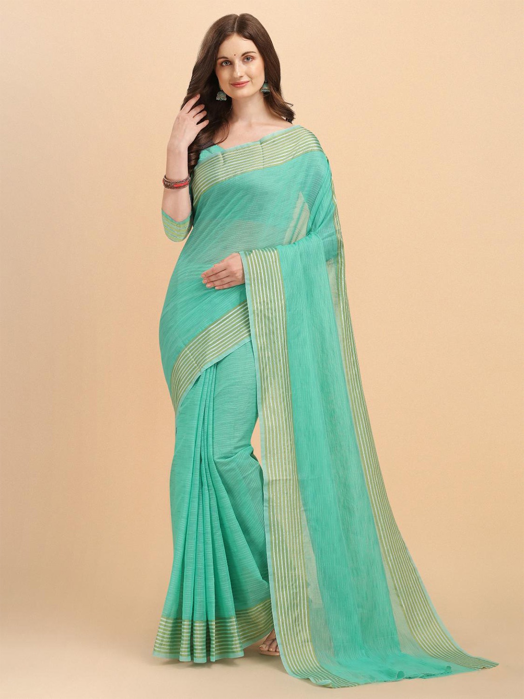 

LIMDO Striped Pure Silk Banarasi Saree, Teal