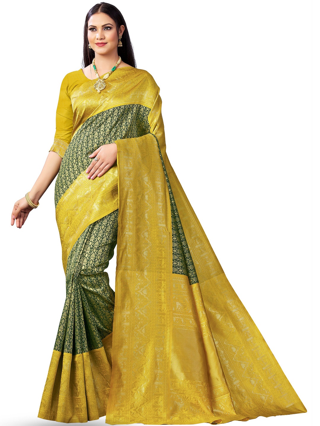 

LIMDO Ethnic Motifs Woven Design Pure Silk Zari Banarasi Saree, Green