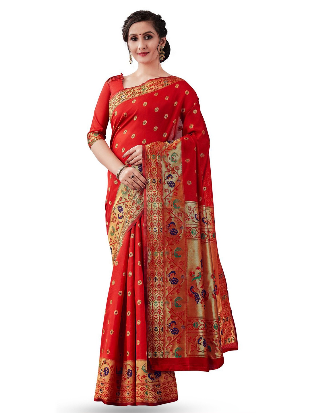 

LIMDO Ethnic Motifs Woven Design Zari Pure Silk Banarasi Saree, Red