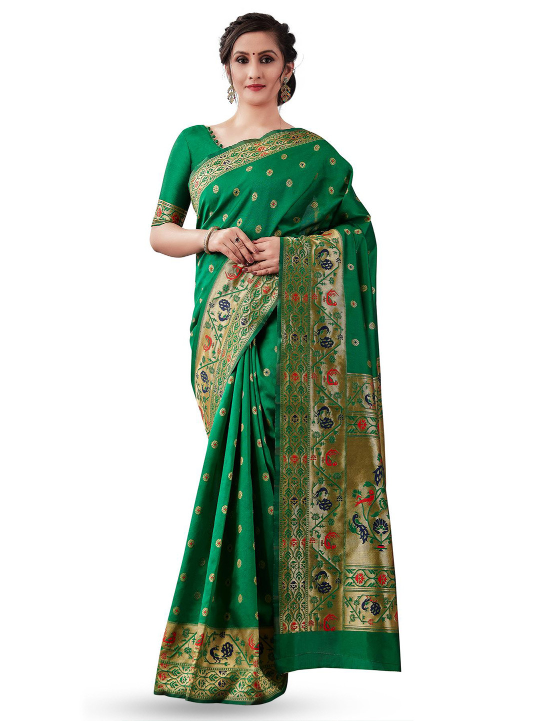 

LIMDO Ethnic Motifs Woven Design Zari Pure Silk Banarasi Saree, Green