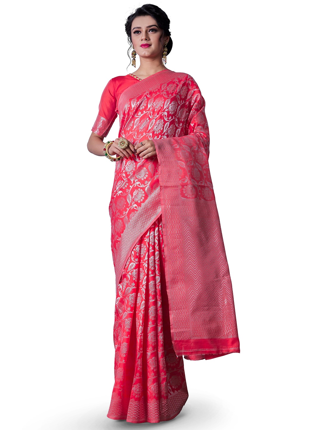 

LIMDO Floral Woven Design Zari Pure Silk Banarasi Saree, Red