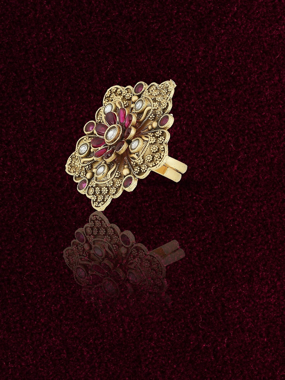 

Adwitiya Collection 24CT Gold-Plated Stone-Studded Flower Finger Ring
