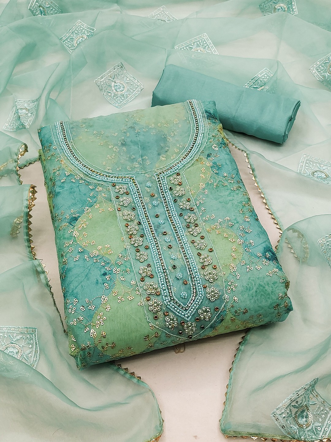 

KALINI Floral Embroidered Sequinned Organza Unstitched Dress Material, Green