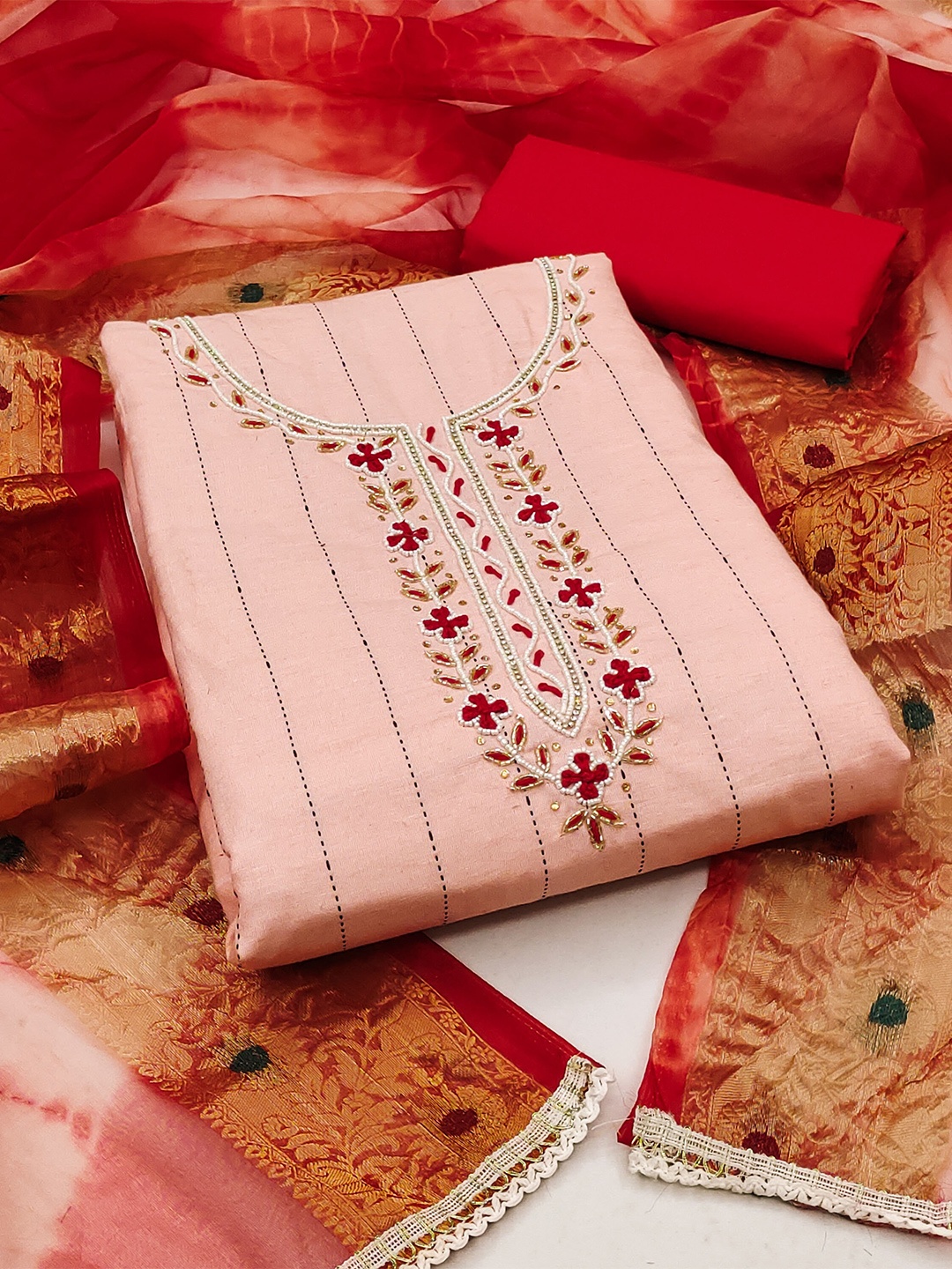 

KALINI Floral Embroidered Beads and Stones Pure Cotton Unstitched Dress Material, Peach