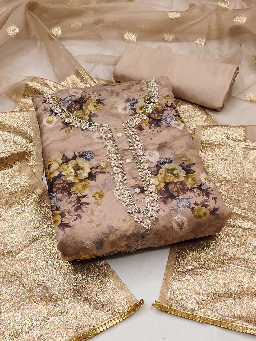 

KALINI Floral Printed Zari Organza Unstitched Dress Material, Beige