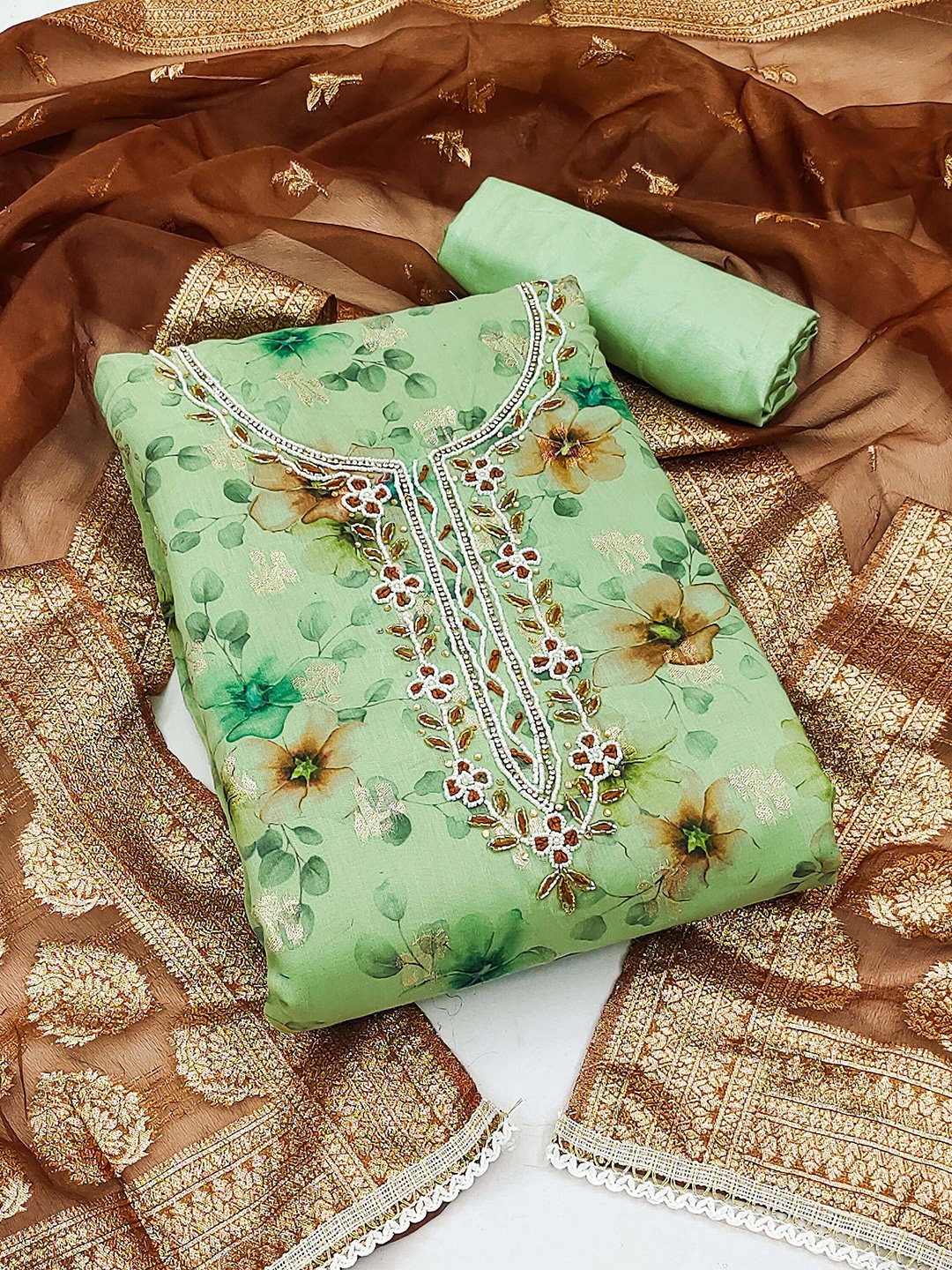 

KALINI Floral Printed Zari Organza Unstitched Dress Material, Green