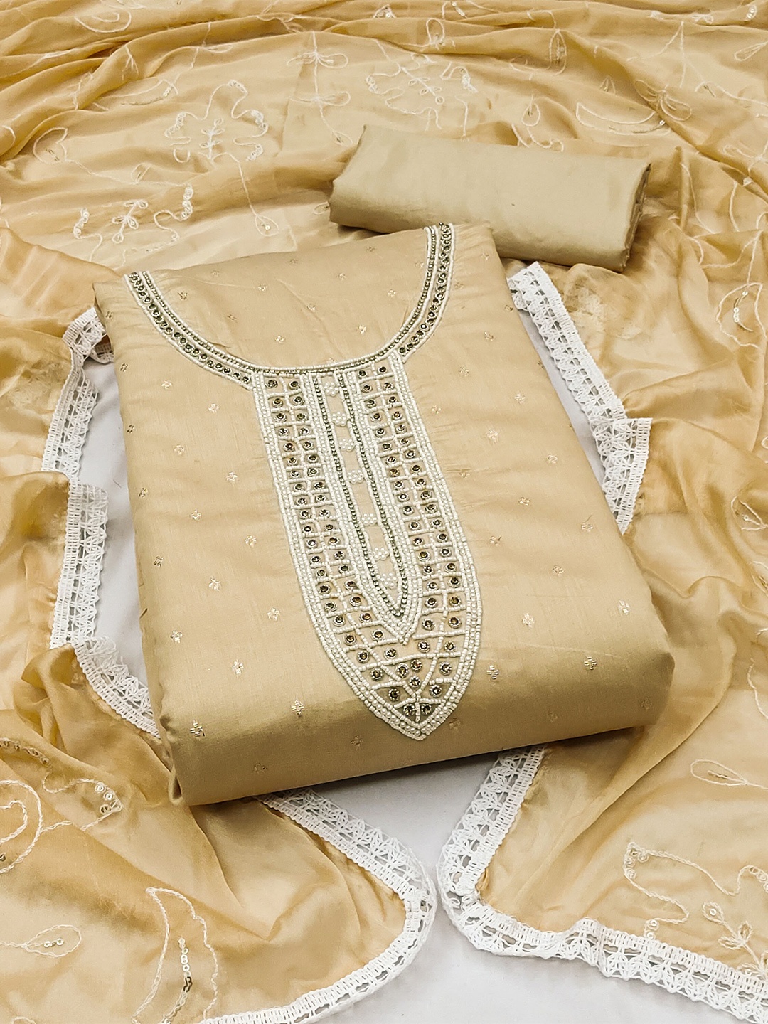 

KALINI Woven Design Beads Detail Pure Cotton Unstitched Dress Material, Beige