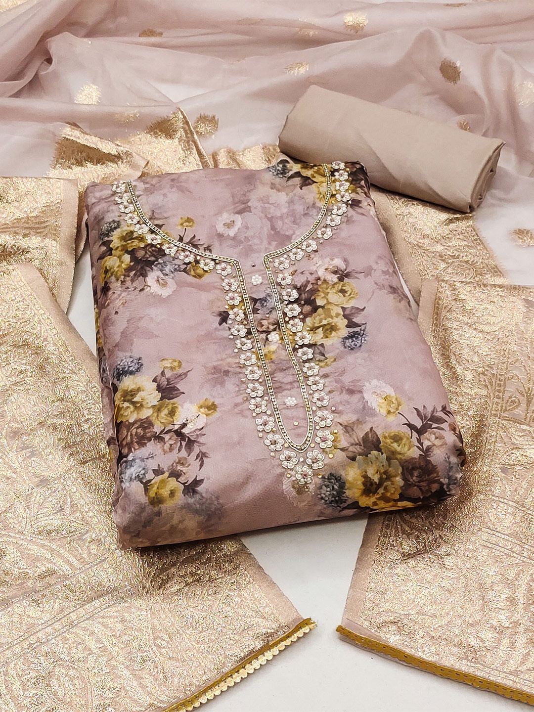 

KALINI Floral Printed Beads & Stones Organza Unstitched Dress Material, Rose gold