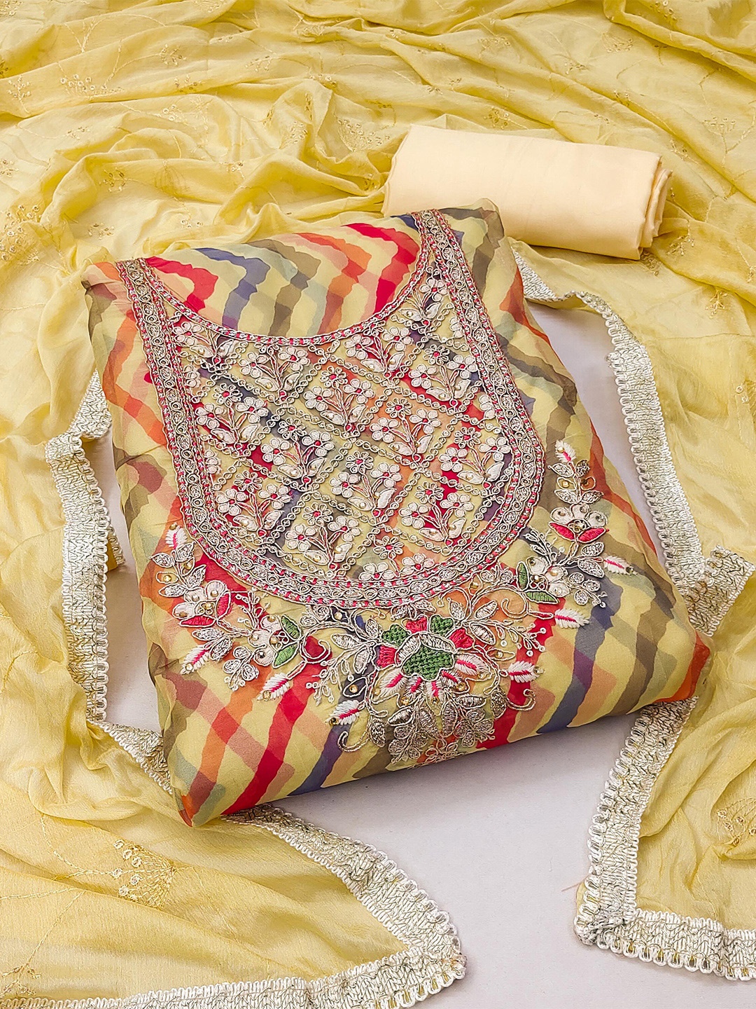 

KALINI Ethnic Motifs Embroidered Sequined Organza Unstitched Dress Material, Yellow