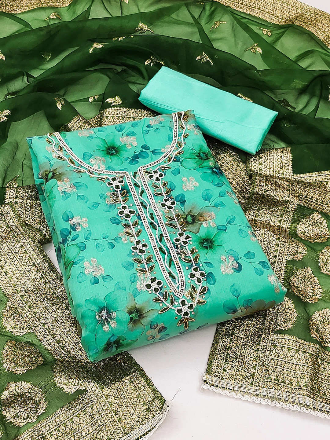 

KALINI Floral Printed Beads & Stones Organza Unstitched Dress Material, Sea green