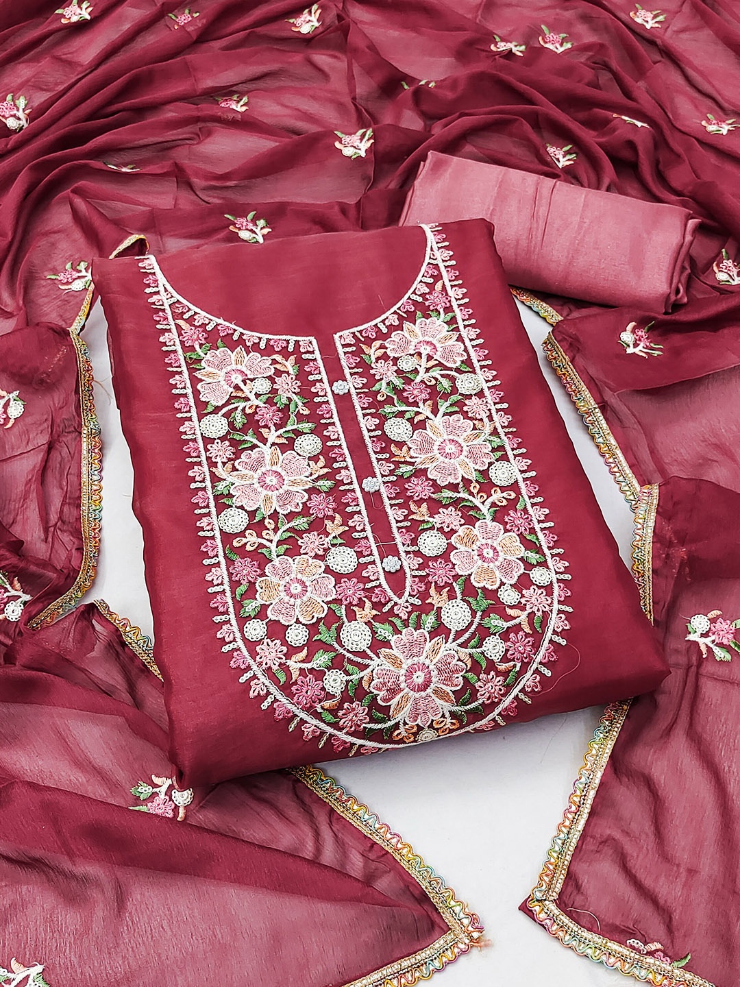 

KALINI Floral Embroidered Organza Unstitched Dress Material, Maroon