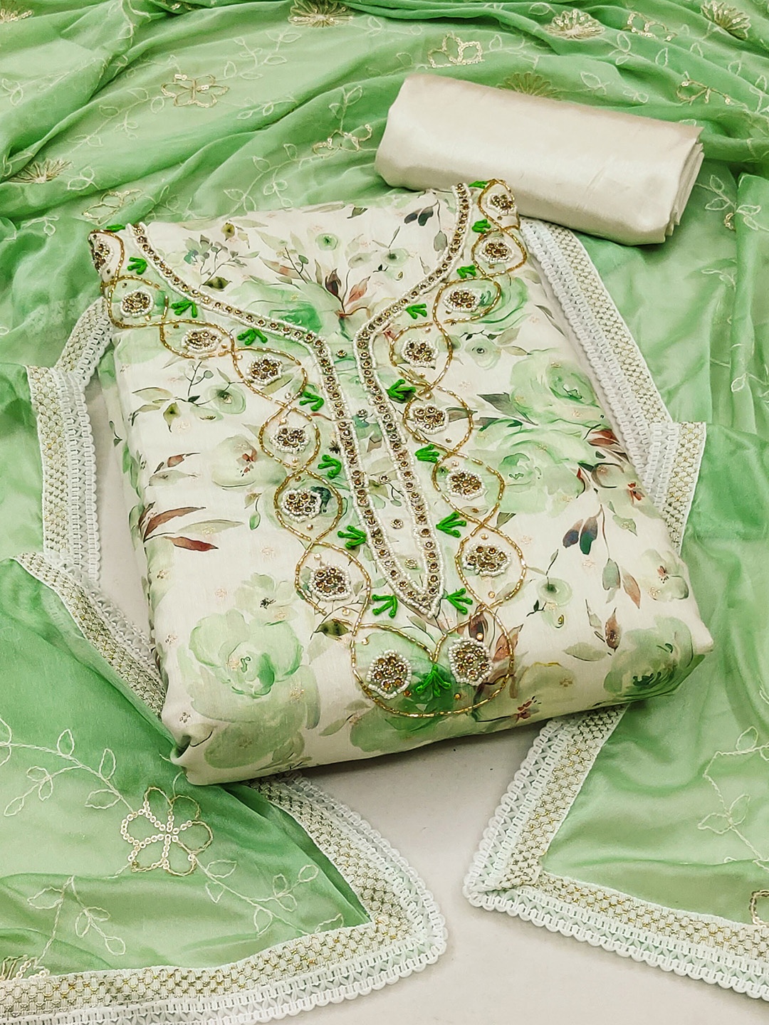 

KALINI Floral Printed Beads and Stones Pure Cotton Unstitched Dress Material, Beige
