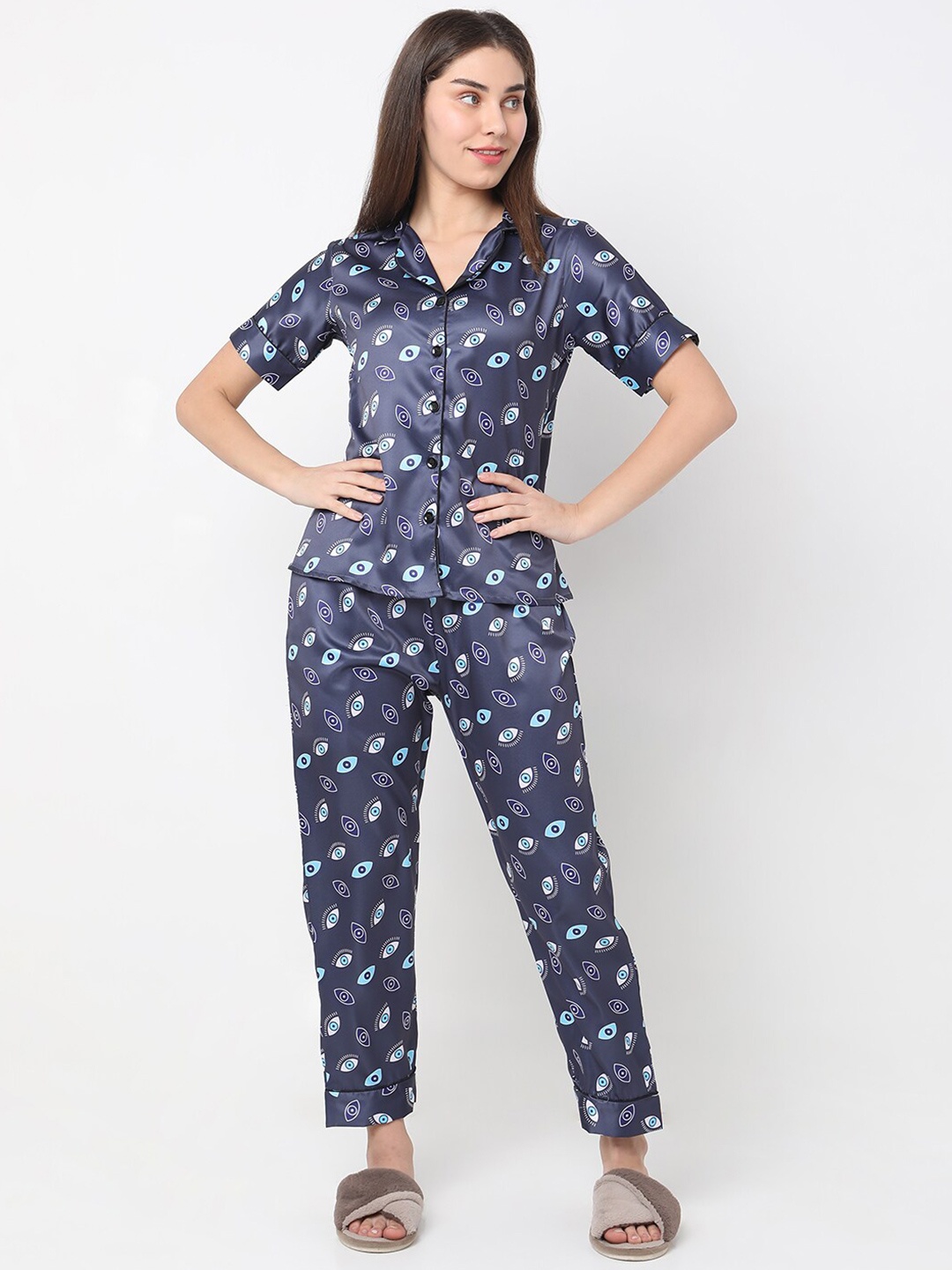 

Smarty Pants Printed Satin Night suit, Blue