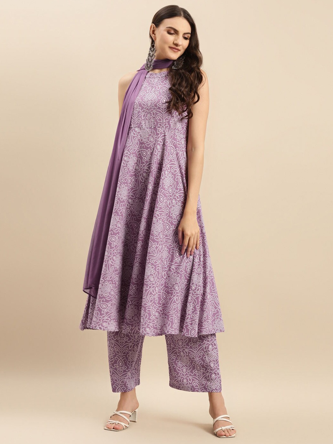 

Varanga Bandhani Printed Round Neck Empire Pure Cotton Kurta with Trouser, Lavender