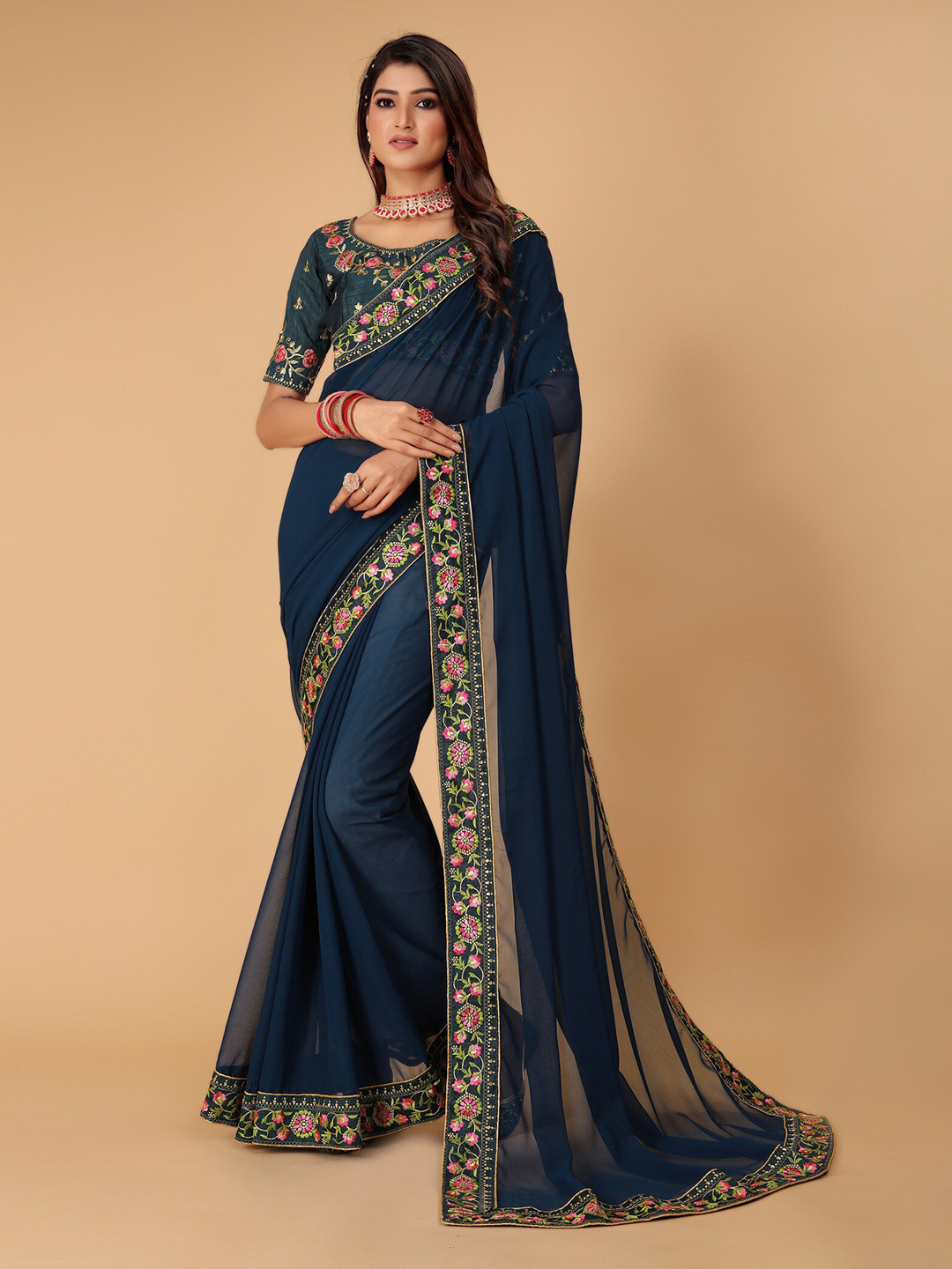 

DRIZOMIZ Teal Floral Embroidered Heavy Work Bhagalpuri Saree