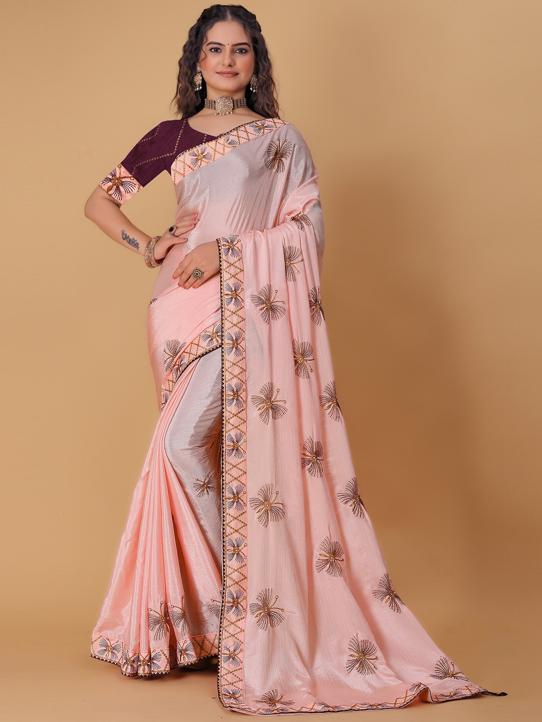 

DRIZOMIZ Embroidered Heavy Work Mysore Silk Saree, Pink