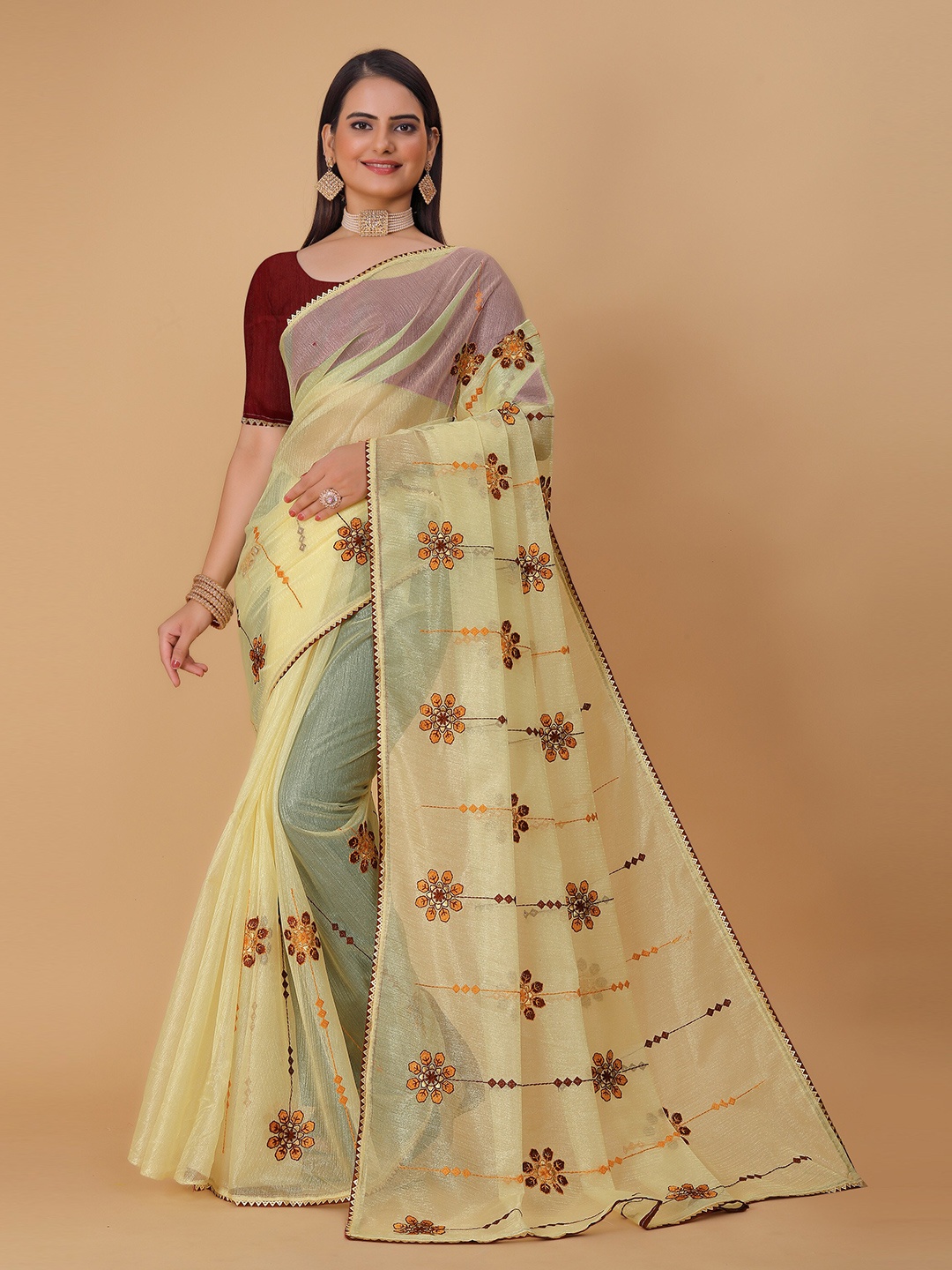 

DRIZOMIZ Floral Embroidered Organza Tussar Saree, Yellow