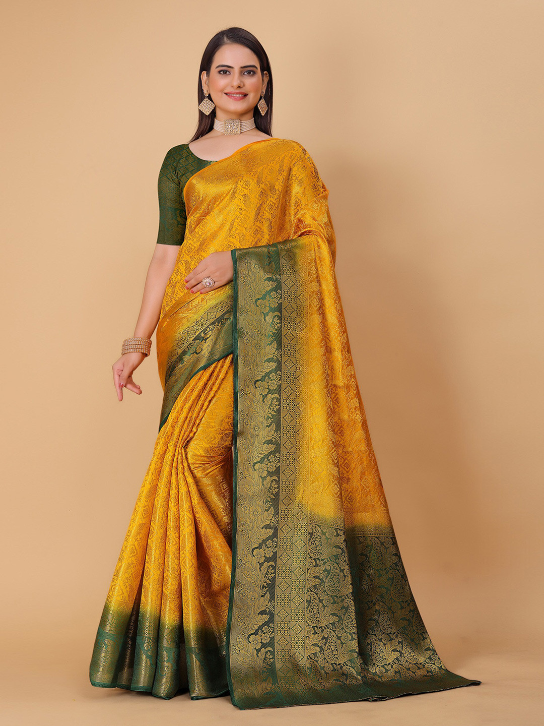

DRIZOMIZ Ethnic Motif Woven Design Pure Silk Heavy Work Kanjeevaram Saree, Yellow