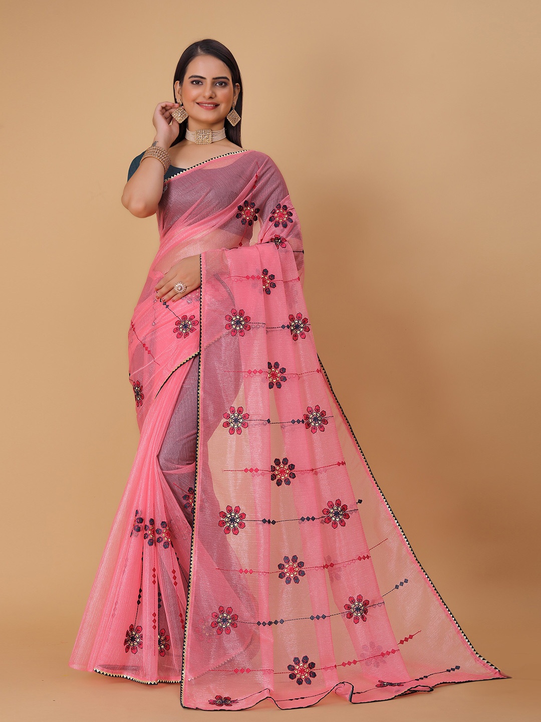 

DRIZOMIZ Embroidered Organza Tussar Saree, Pink