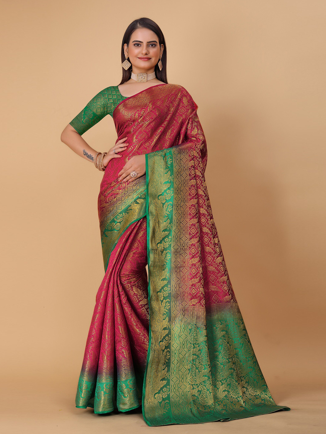 

DRIZOMIZ Floral Woven Design Pure Silk Heavy Work Zari Kanjeevaram Saree, Red