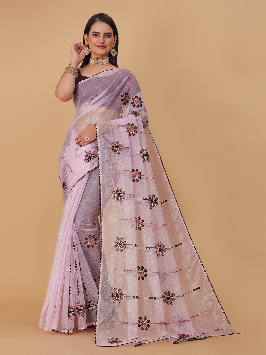

DRIZOMIZ Embroidered Organza Tussar Saree, Purple