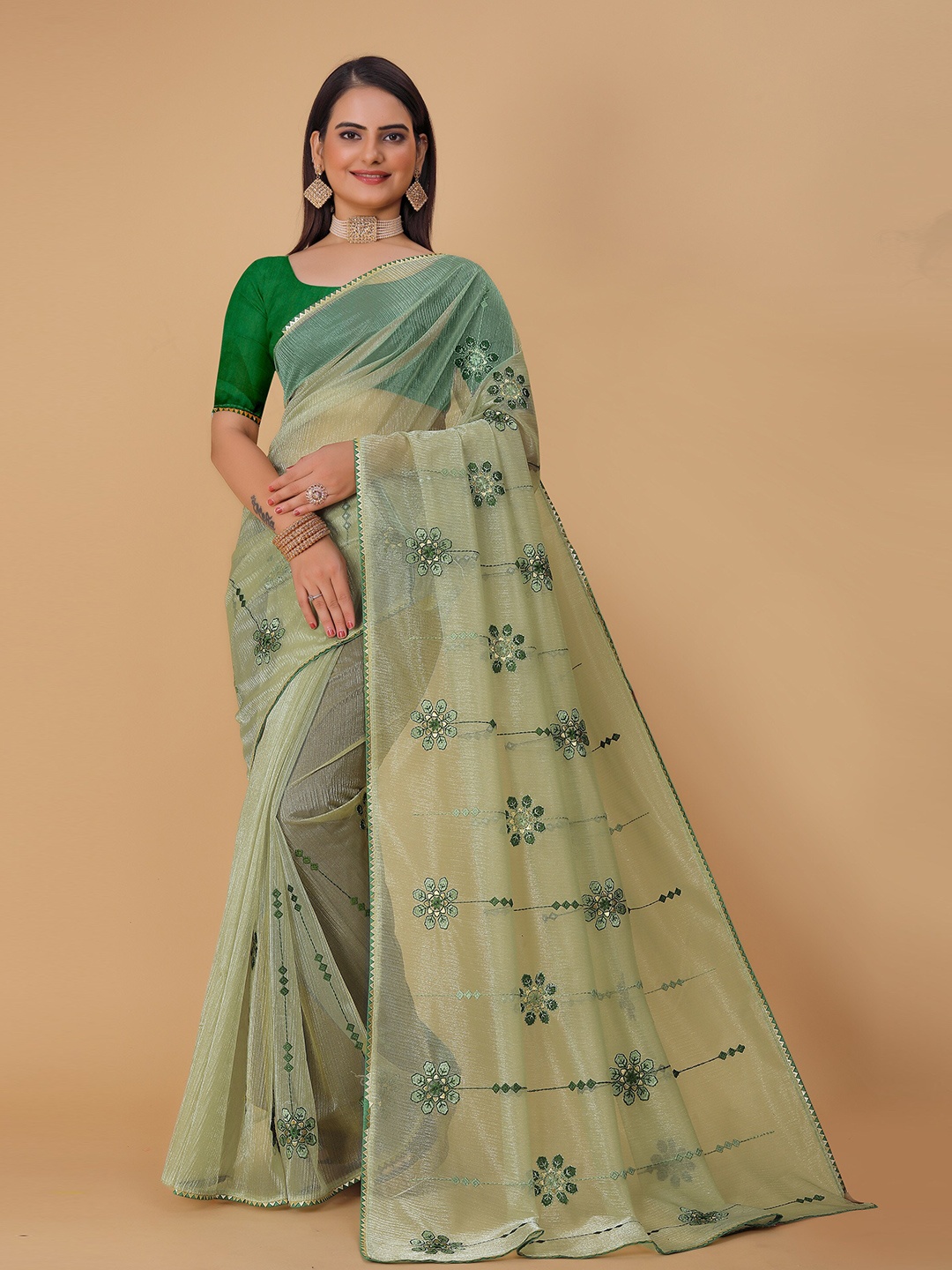 

DRIZOMIZ Sequinned Organza Tussar Saree, Green