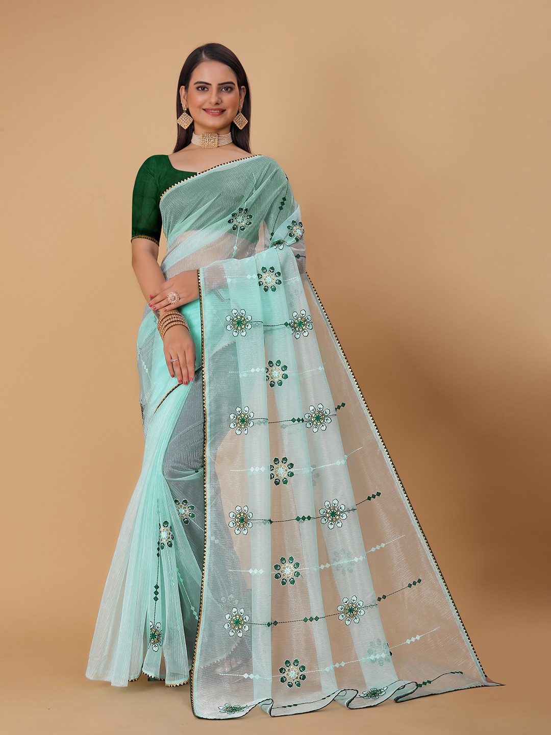 

DRIZOMIZ Embroidered Organza Tussar Saree, Teal