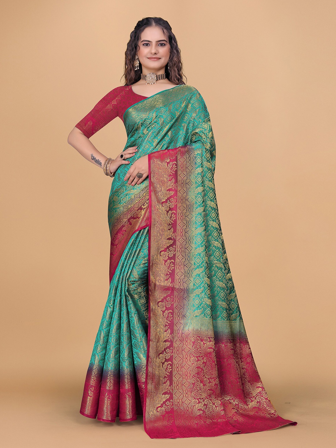 

DRIZOMIZ Floral Woven Design Zari Pure Silk Heavy Work Kanjeevaram Saree, Teal