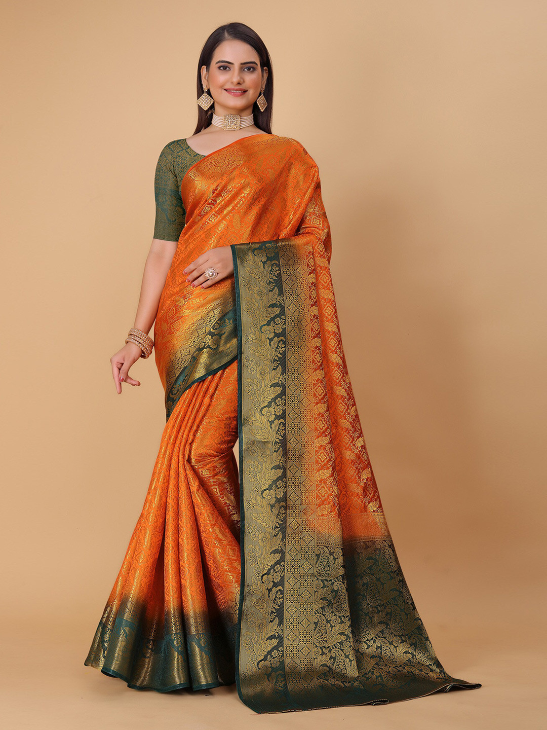 

DRIZOMIZ Floral Woven Design Pure Silk Heavy Work Zari Kanjeevaram Saree, Orange