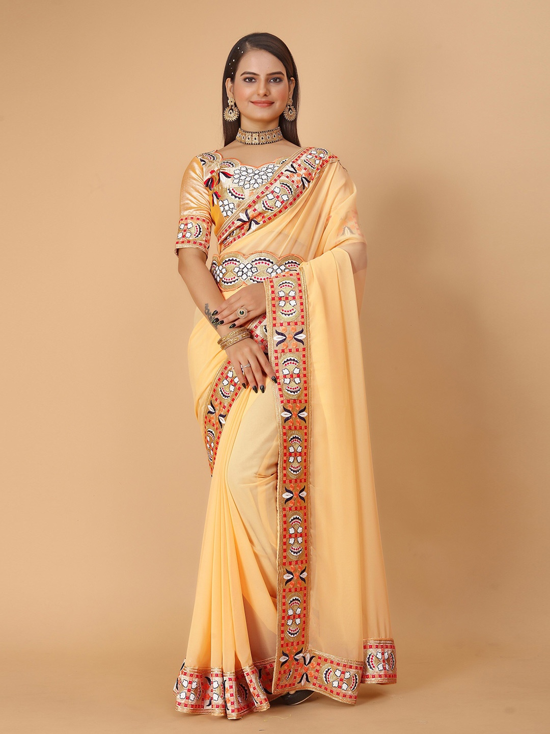 

DRIZOMIZ Embroidered Pure Georgette Ikat Saree With Waist Belt, Yellow