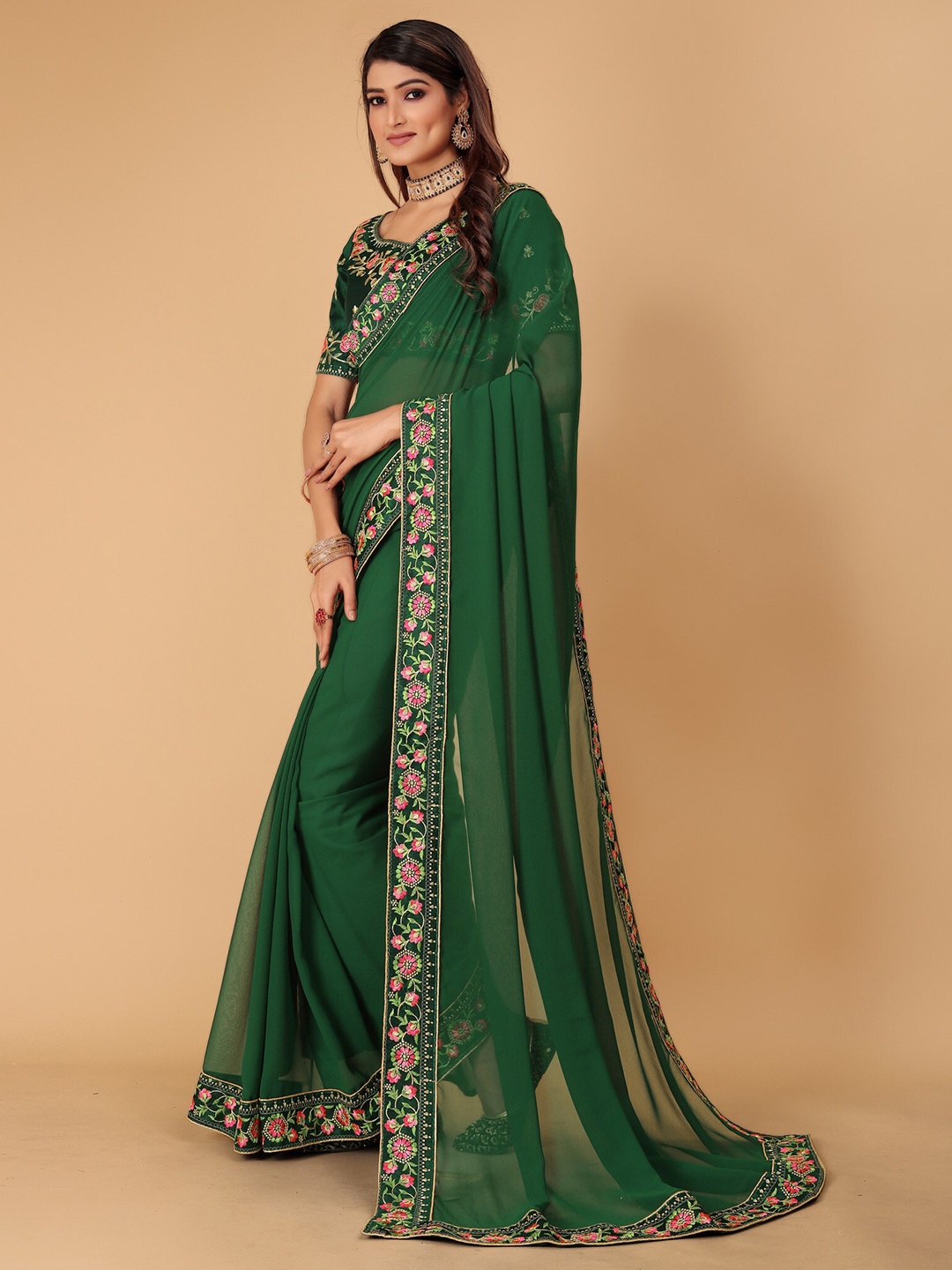 

DRIZOMIZ Floral Embroidered Pure Georgette Bhagalpuri Saree, Green