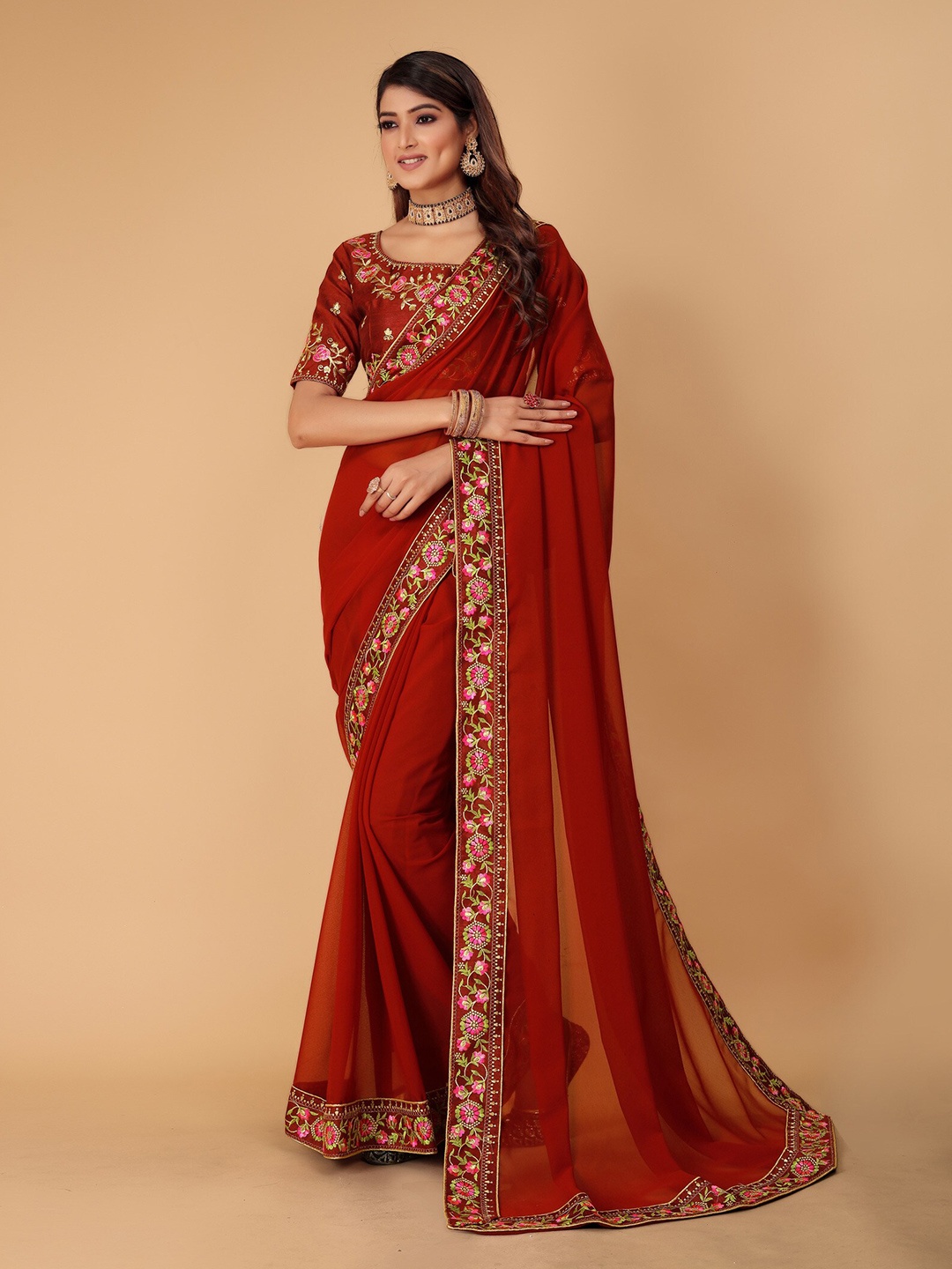 

DRIZOMIZ Floral Embroidered Pure Georgette Bhagalpuri Saree, Maroon