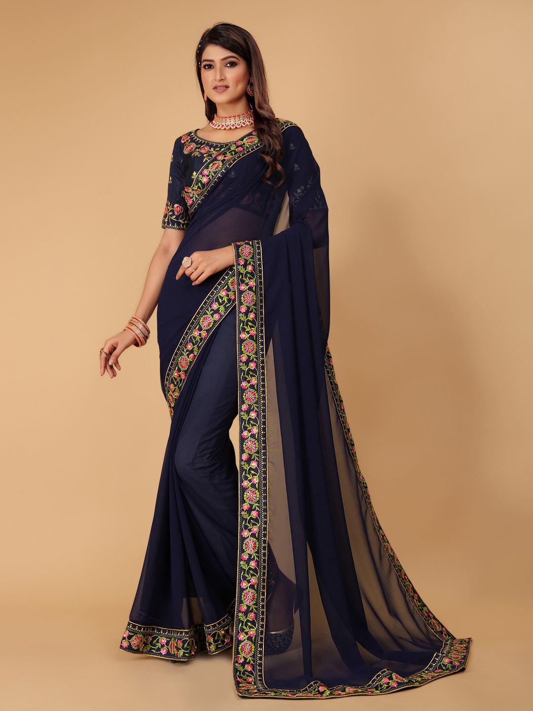

DRIZOMIZ Floral Embroidered Pure Georgette Bhagalpuri Saree, Blue