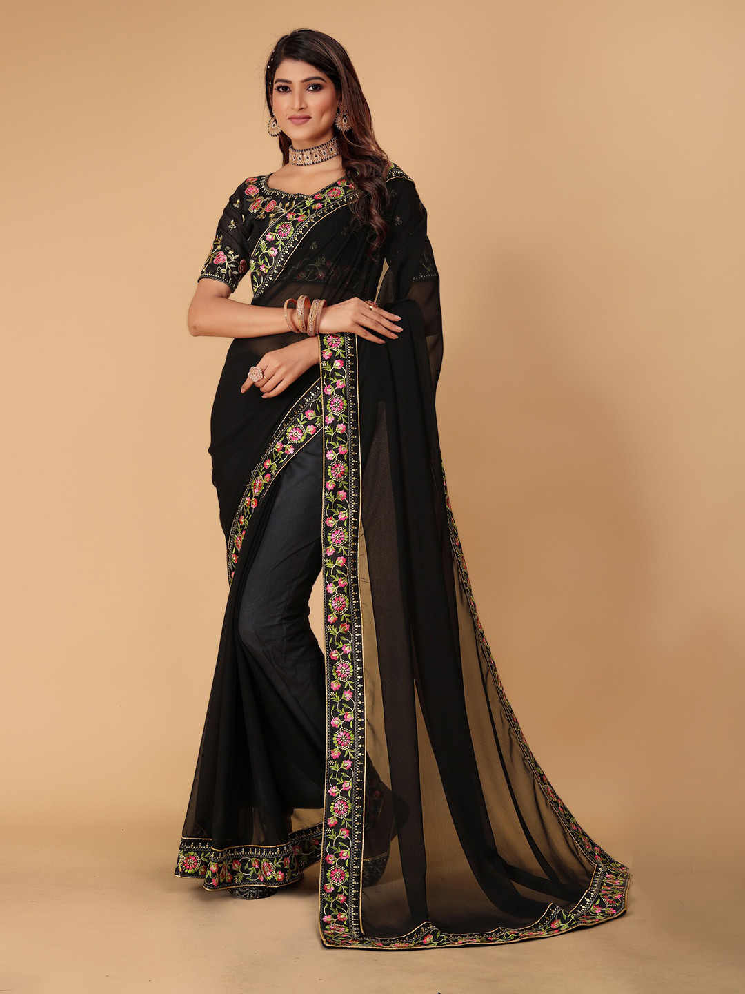 

DRIZOMIZ Floral Embroidered Pure Georgette Bhagalpuri Saree, Black