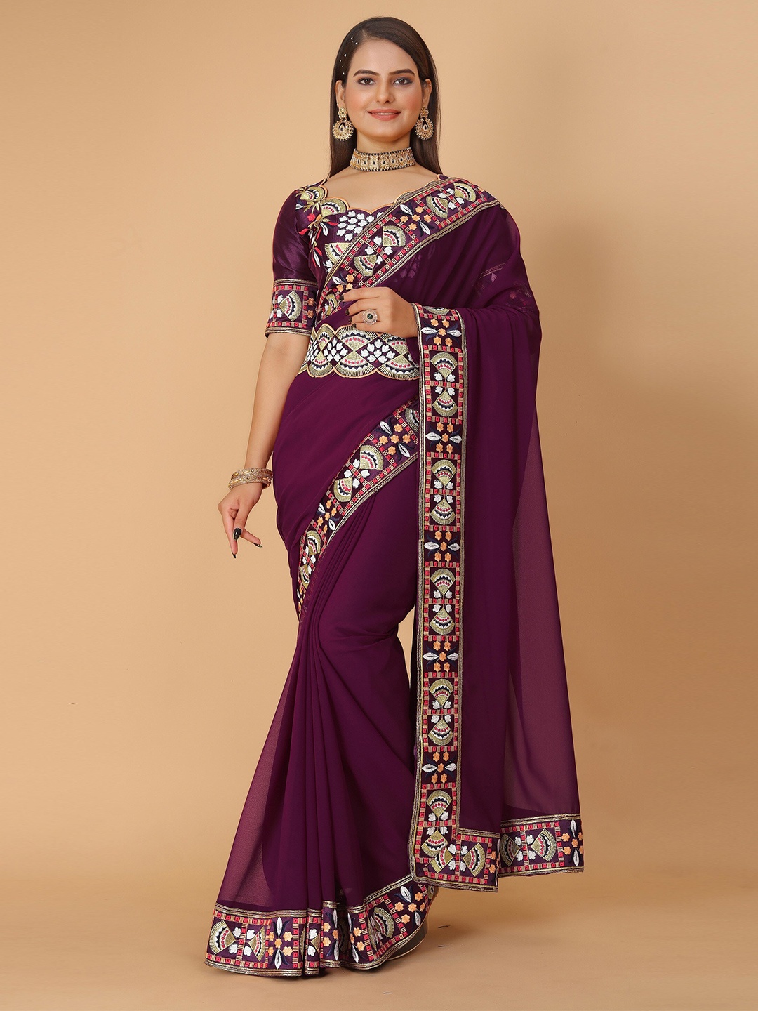 

DRIZOMIZ Embroidered Pure Georgette Ikat Saree With Waist Belt, Purple