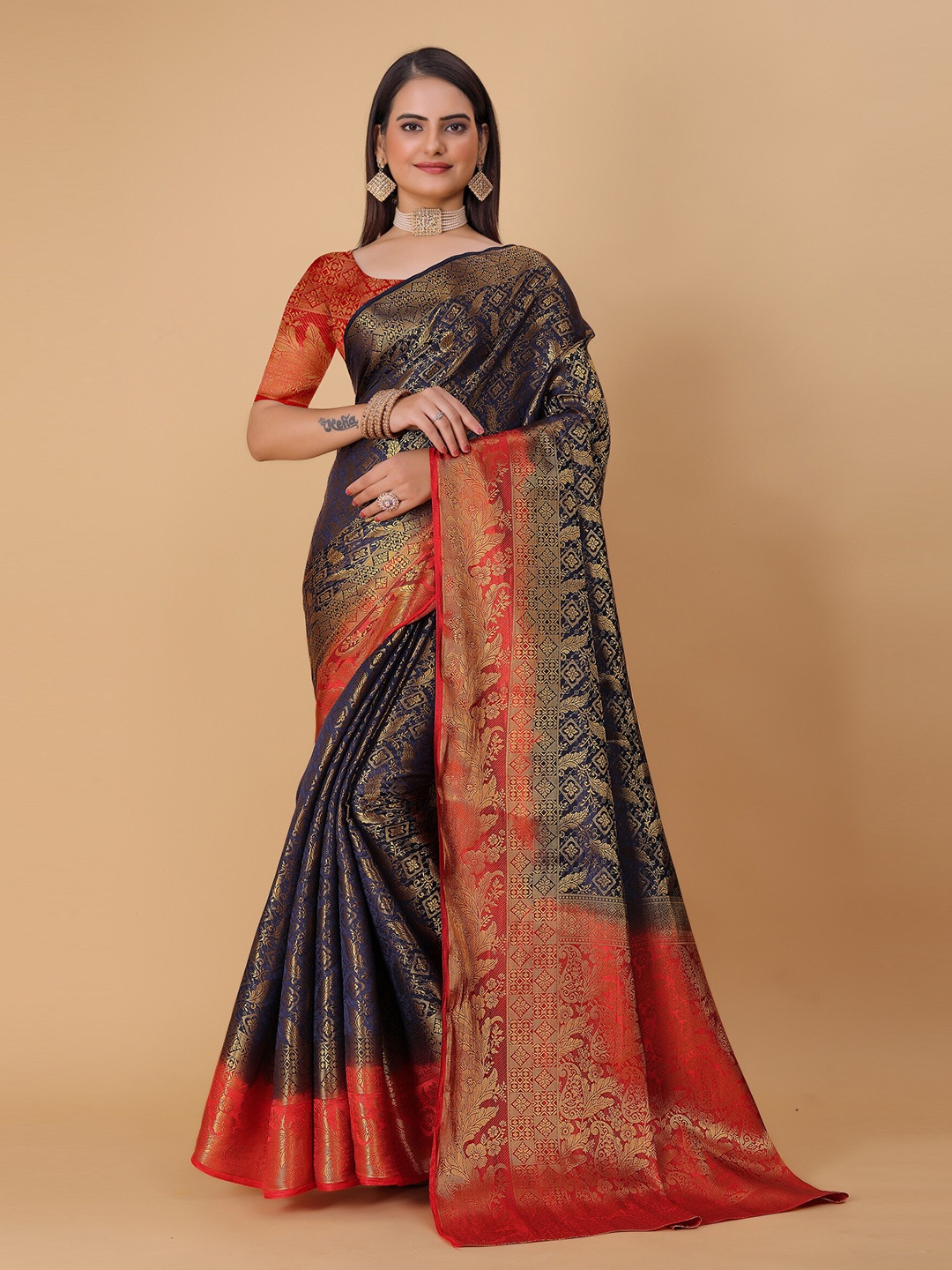 

DRIZOMIZ Floral Woven Design Pure Silk Zari Kanjeevaram Saree, Blue