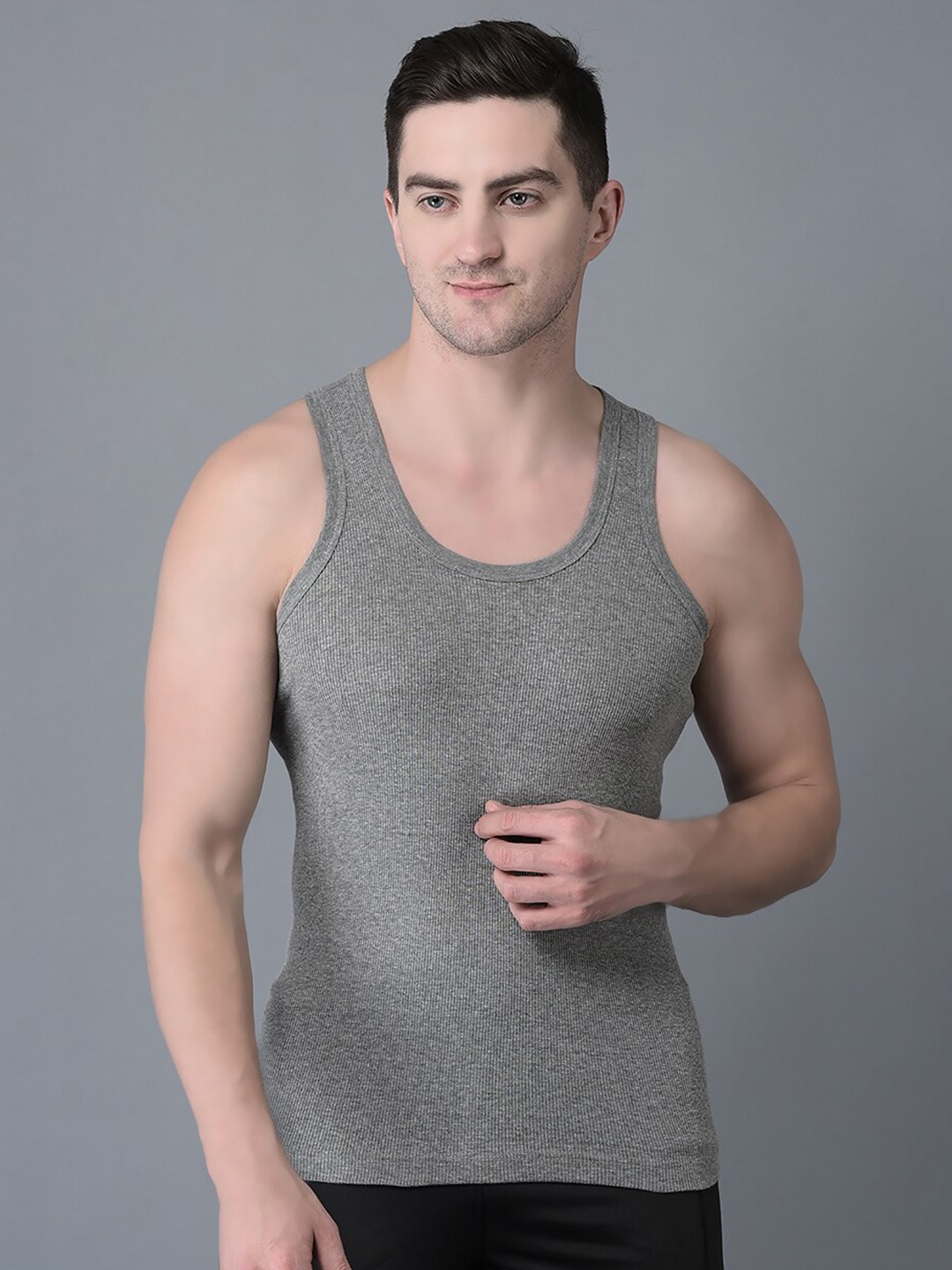 

Dollar Bigboss Men Solid Cotton Vest MBVE-06-DRBY-GM-PO1-S24, Grey melange