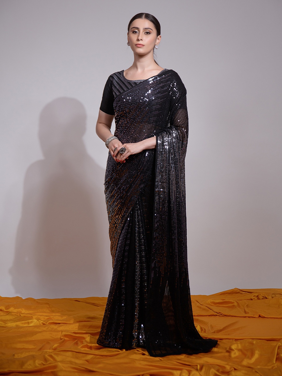 

Thishma Sequinned Pure Georgette Saree, Silver
