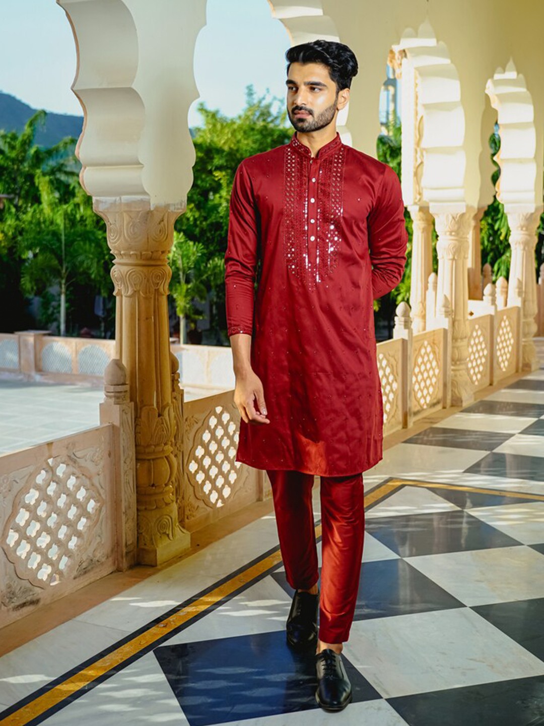 

Be Desi Embroidered Mirror Work Mandarin Collar Straight Kurta, Maroon