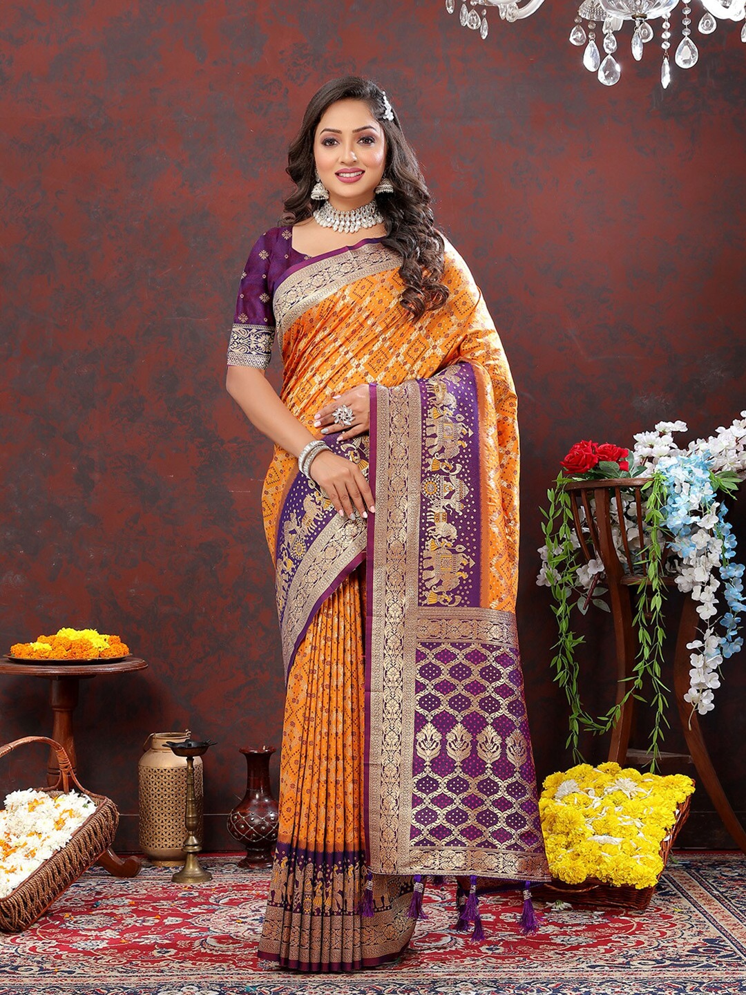 

KALINI Geometric Woven Design Patola Zari Saree, Orange