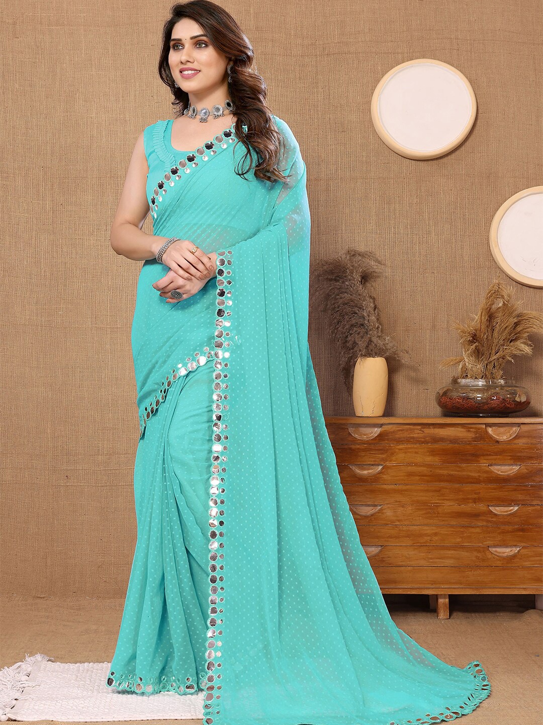 

PATLIPALLU Polka Dots Printed Mirror Work Saree, Turquoise blue