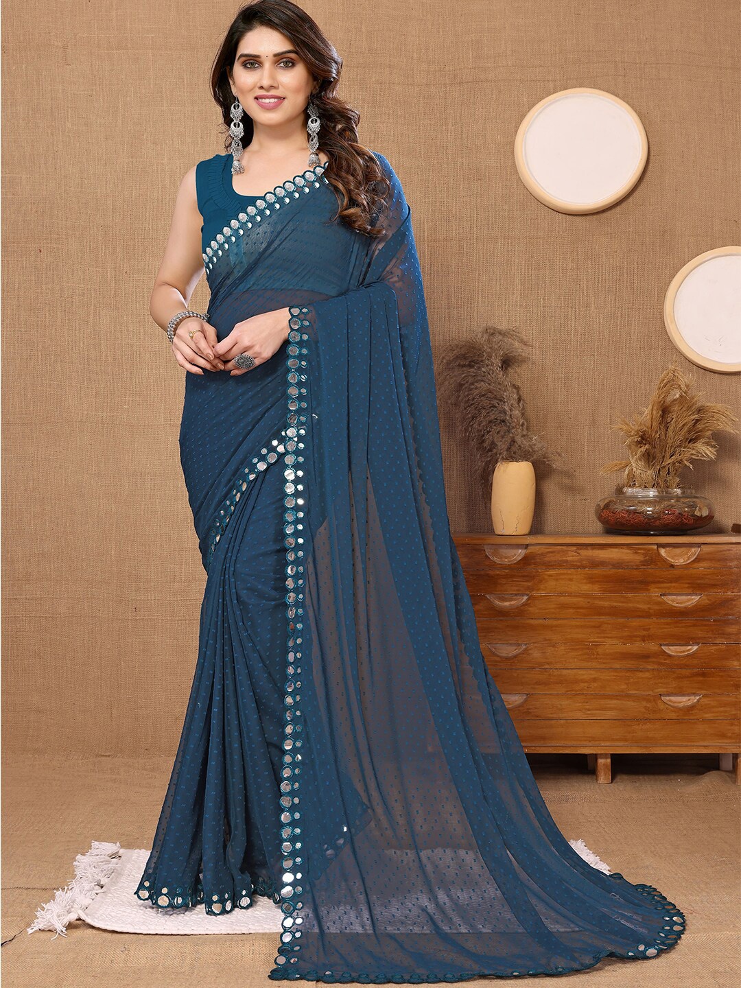 

PATLIPALLU Polka Dots Printed Mirror Work Saree, Blue