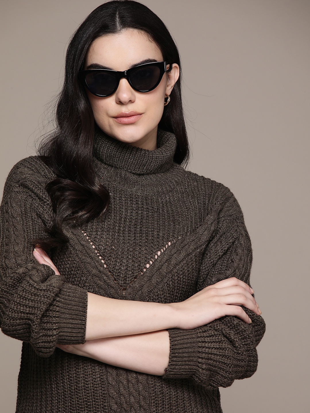 

Roadster Women Self Design Cable Knit Pullover, Coffee brown