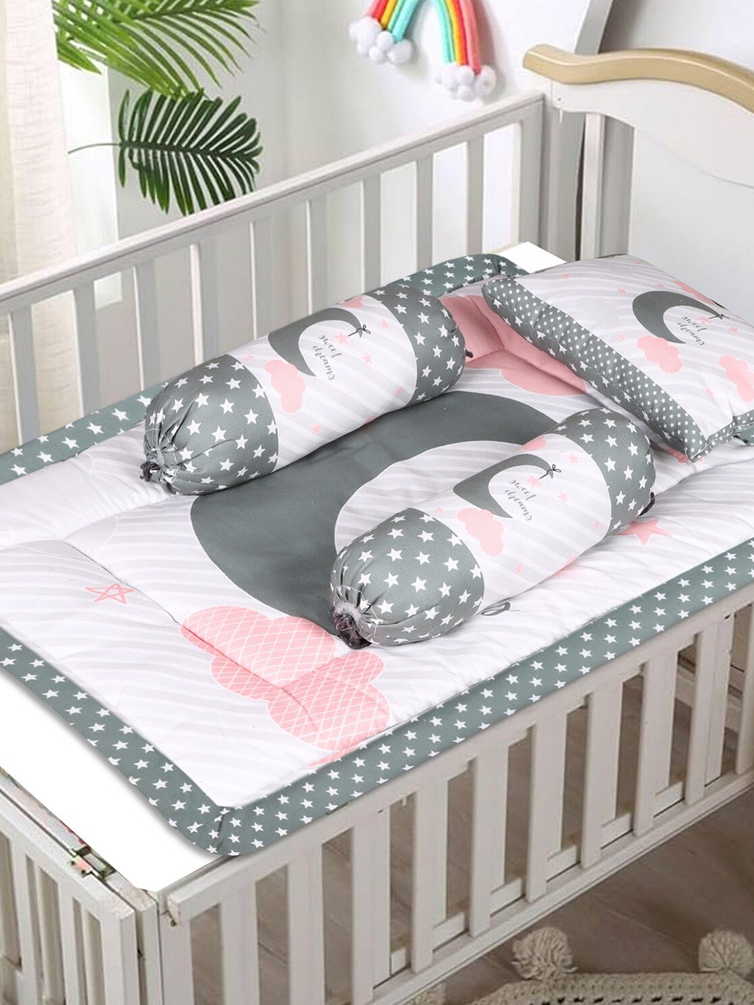 

LOREM Infants Printed Cotton Baby Bed Set, Grey melange