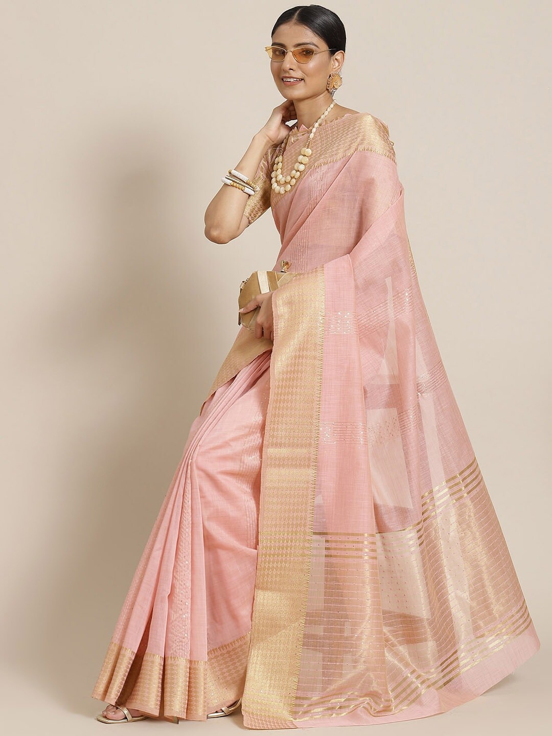 

Mitera Pink Geometric Woven Design Sequinned Silk Cotton Banarasi Saree
