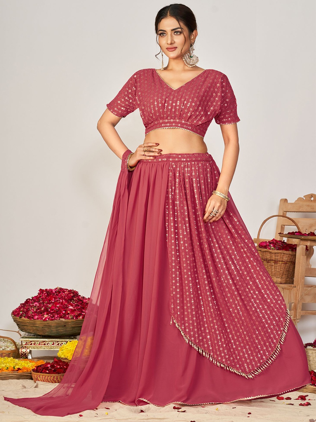 

KALINI Embroidered Sequinned Ready to Wear Lehenga & Blouse With Dupatta, Peach