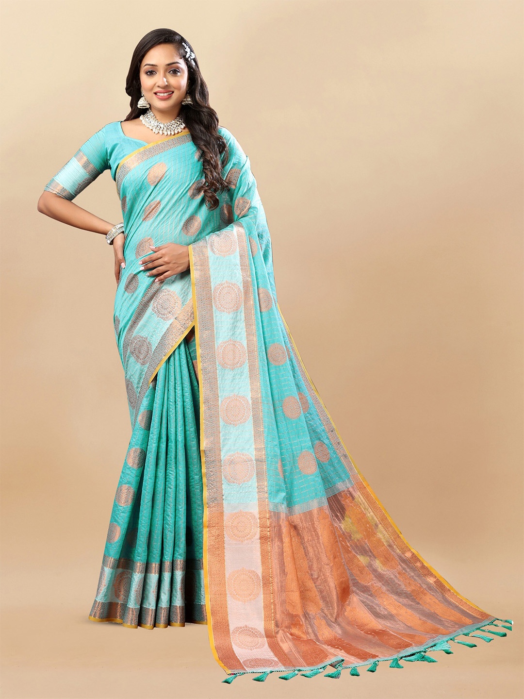 

bansari textiles Geometric Woven Design Zari Silk Cotton Banarasi Saree, Turquoise blue