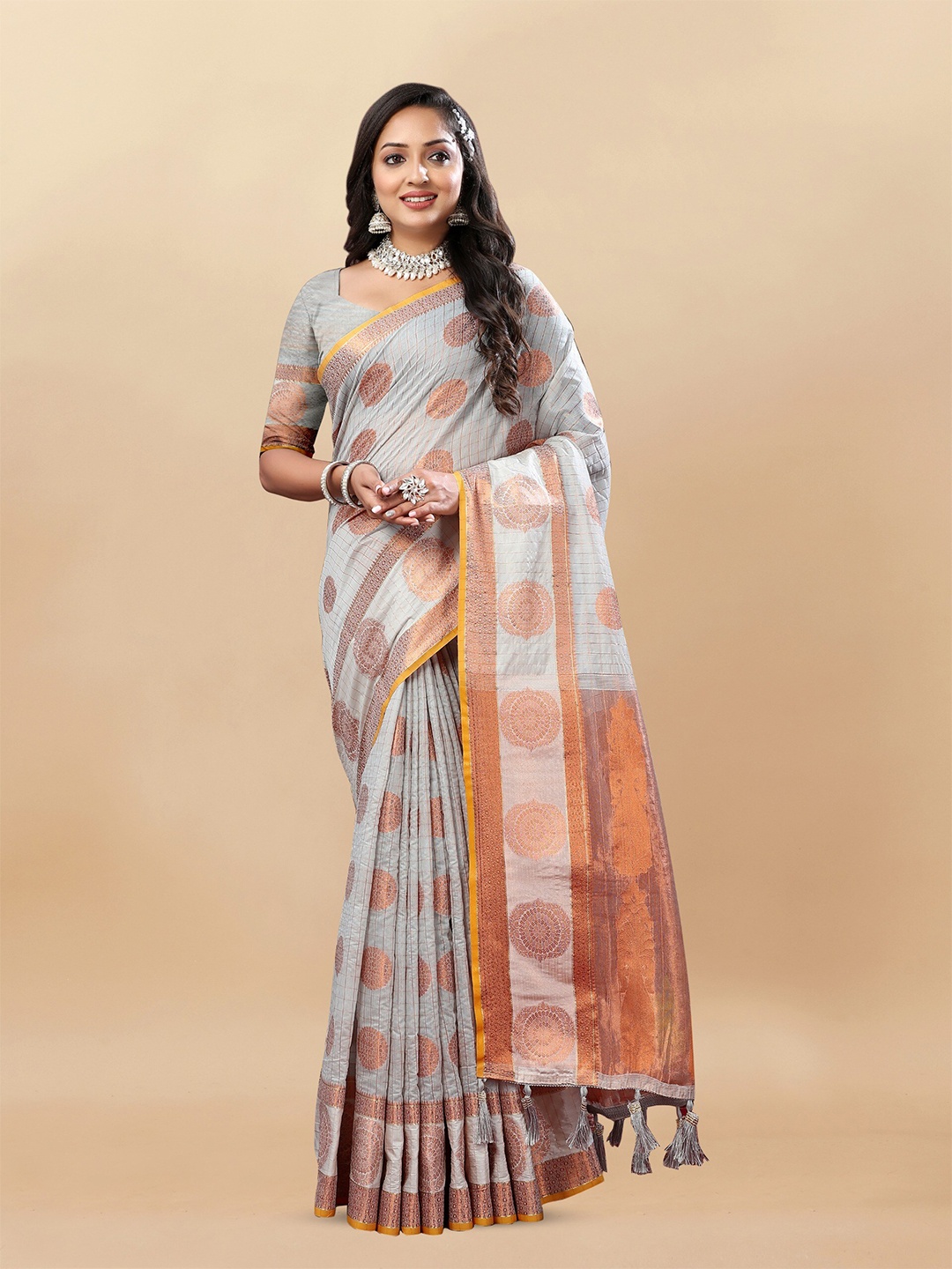 

bansari textiles Geometric Woven Design Zari Silk Cotton Banarasi Saree, Grey