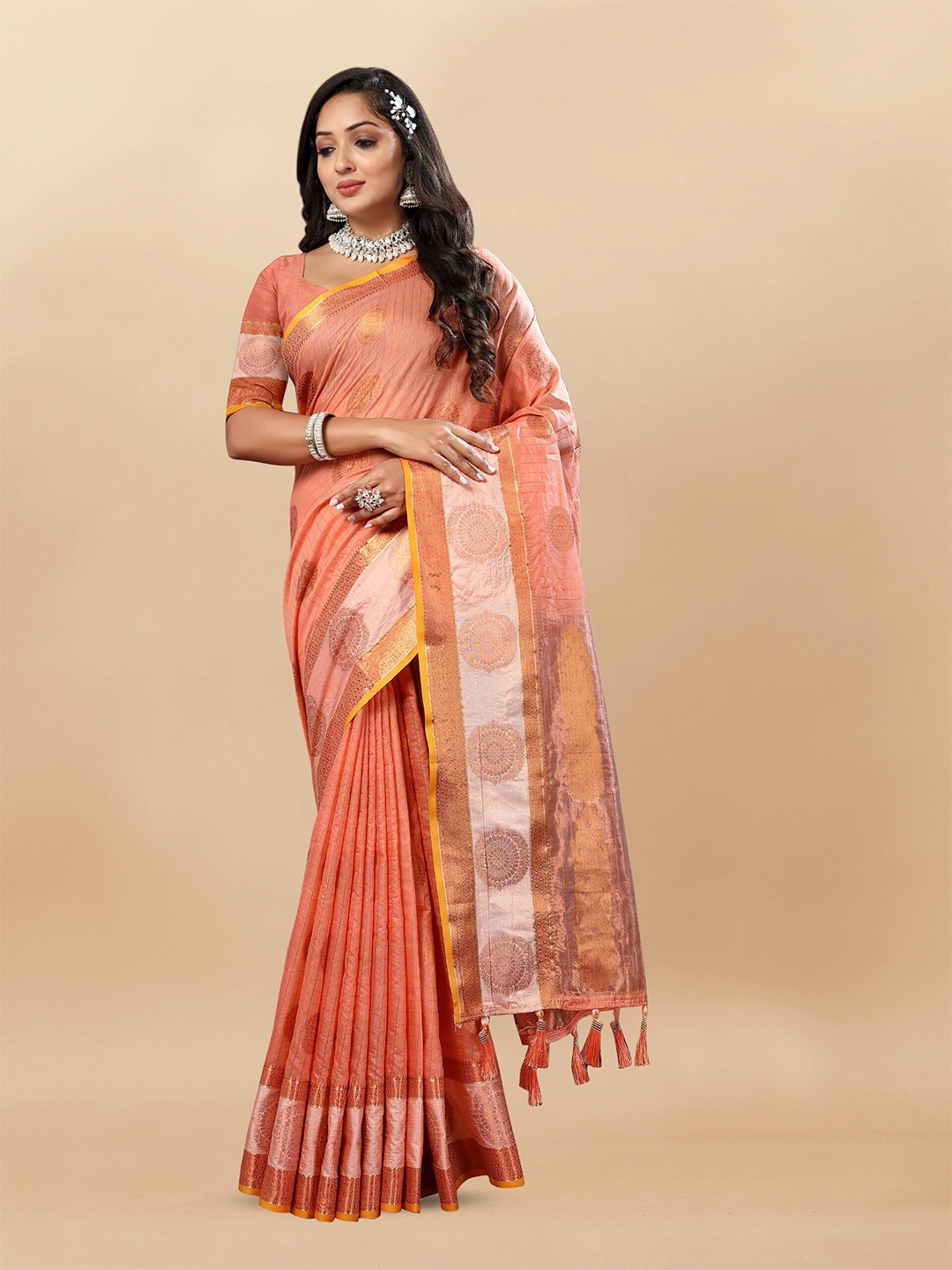 

bansari textiles Geometric Woven Design Zari Silk Cotton Banarasi Saree, Orange